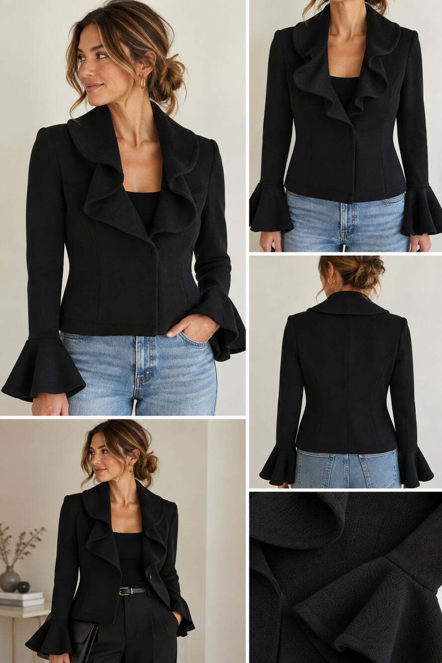 St. John Collection Black Santana Knit Ruffle Bell Sleeve Jacket Blazer Size 2